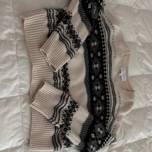 Cashmere 💯 Cream and Black Fair Isle Crewneck Sweater